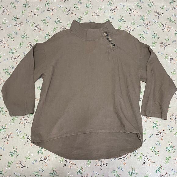 Zara Mock Neck Linen Blend Tunic Blouse Olive Brown Small Oversized Long Sleeve - Picture 3 of 5